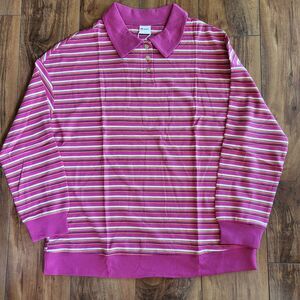 Womens Polo Shirt Large Striped Pink Long Sleeve Pullover Rugby Shirt Preppy